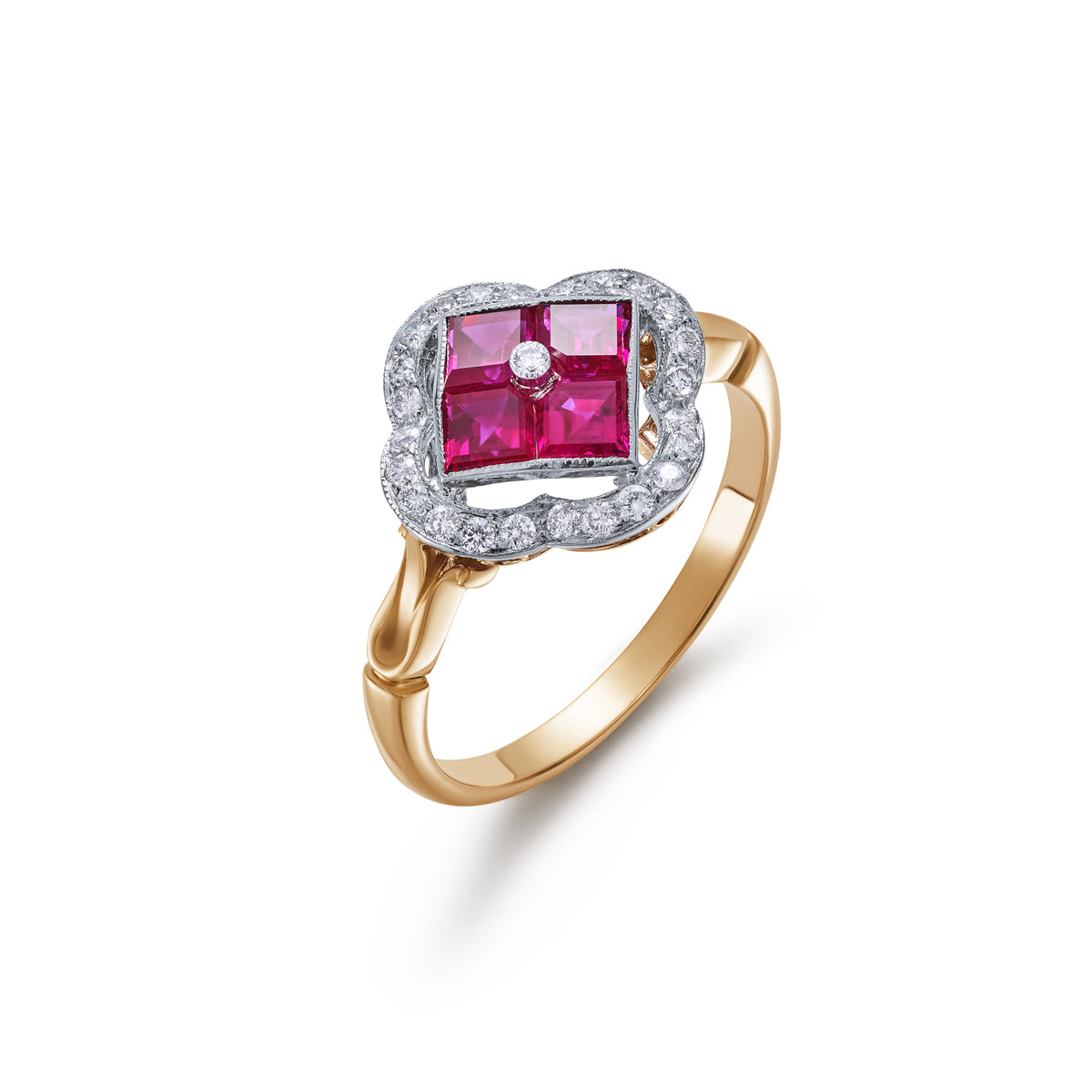 Secondhand- 18ct Yellow and White Gold Ruby and Diamond Halo