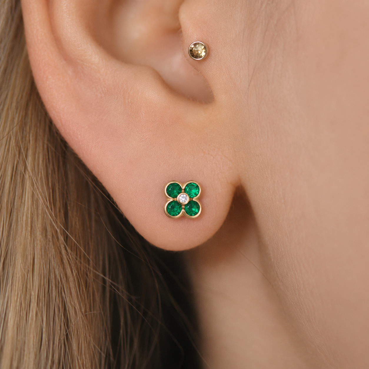 Emerald & Diamond Cluster Stud Earrings