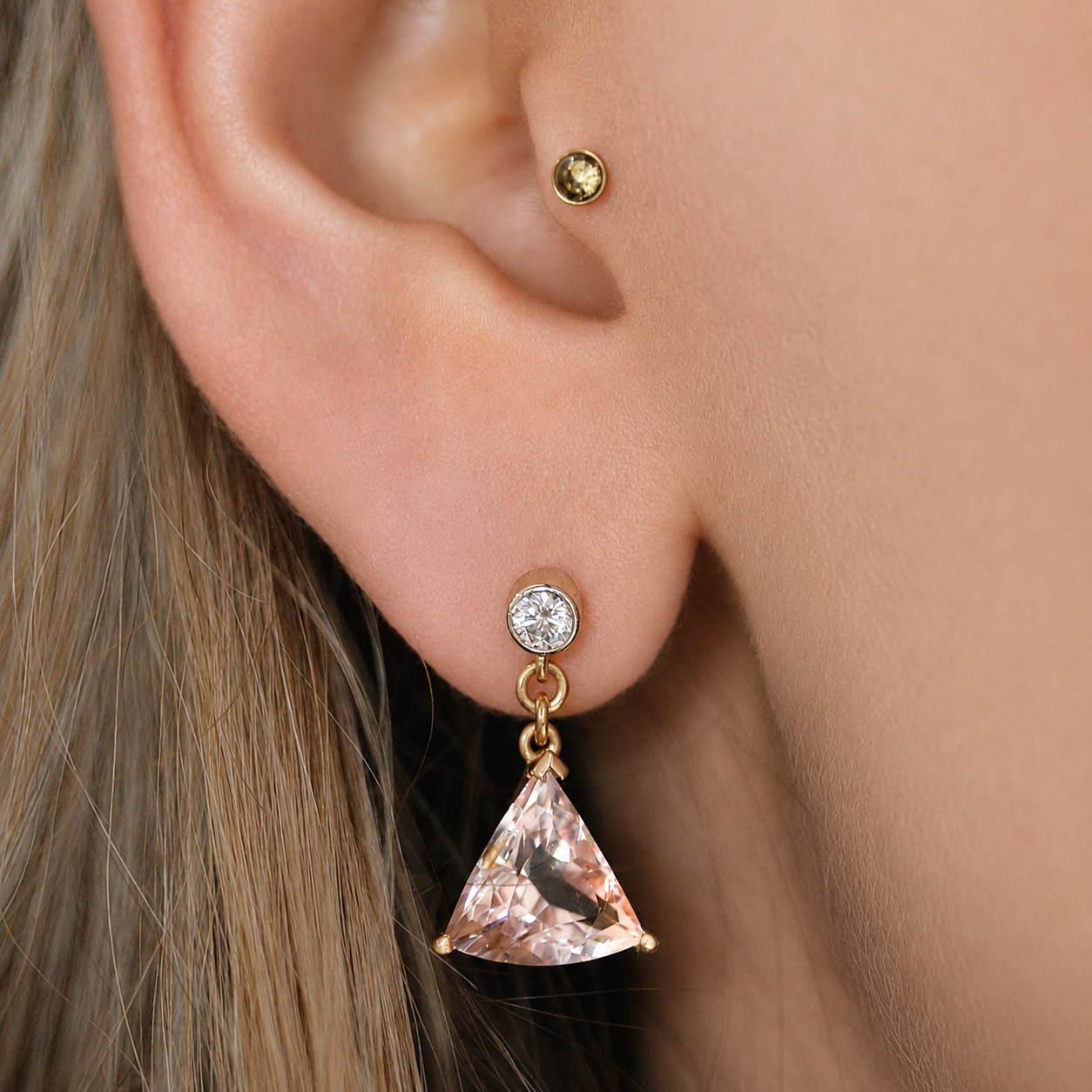 Fan Shape Morganite and Diamond Drop Earrings