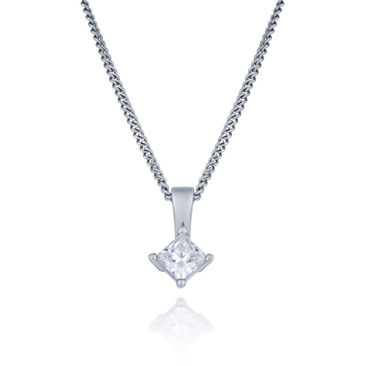 Diamond Princess Cut Claw Set Pendant and Chain 0.26ct