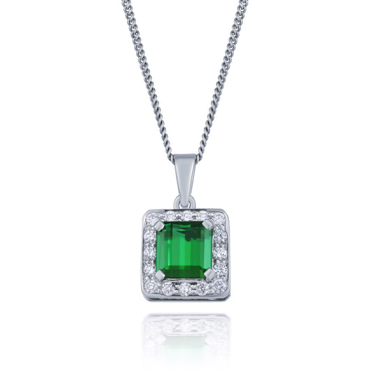 Green Tourmaline & Diamond Cluster Pendant and Chain