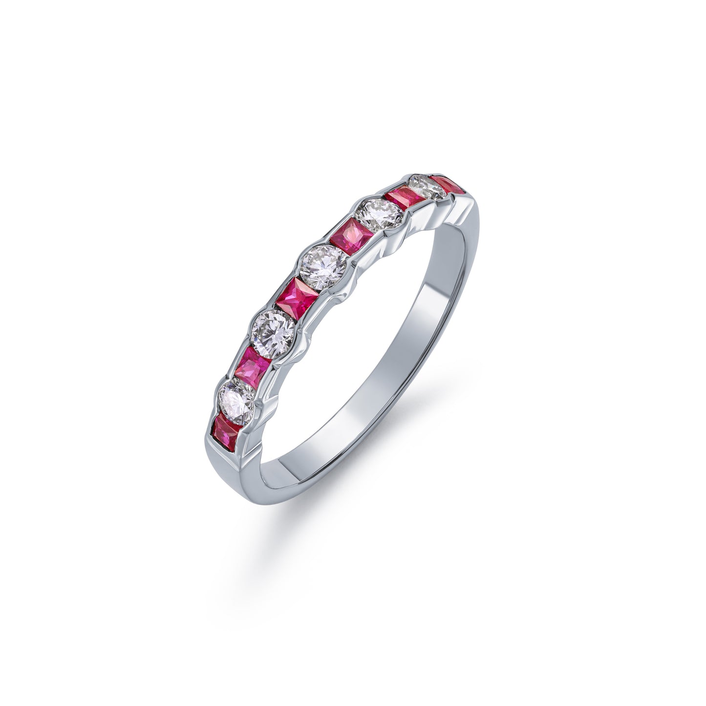 Round Diamond and Square Ruby Channel Set Half Eternity Ring