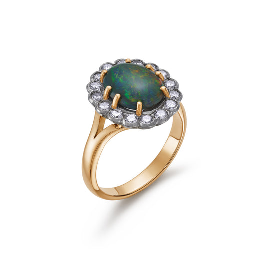 18ct Gold Black Opal and Diamond Cluster Ring