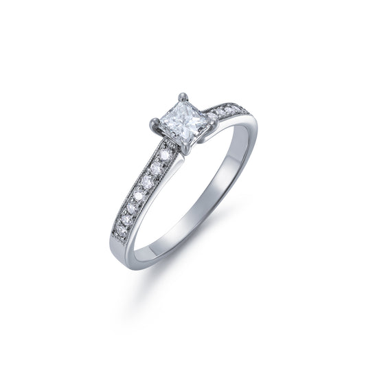 Platinum and Diamond Princess Cut Claw Set Ring with with Diamond Shoulders 0.57ct