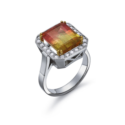 Watermelon Tourmaline and Diamond Cluster Ring