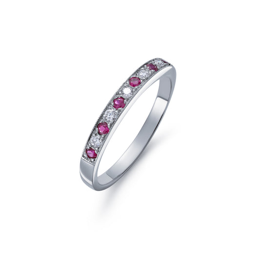 Eleven Stone Ruby and Diamond Grain Set Half Eternity Ring