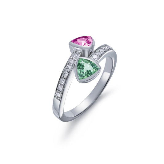 Pink and Green Tourmaline Crossover Ring with Diamond Shoulders