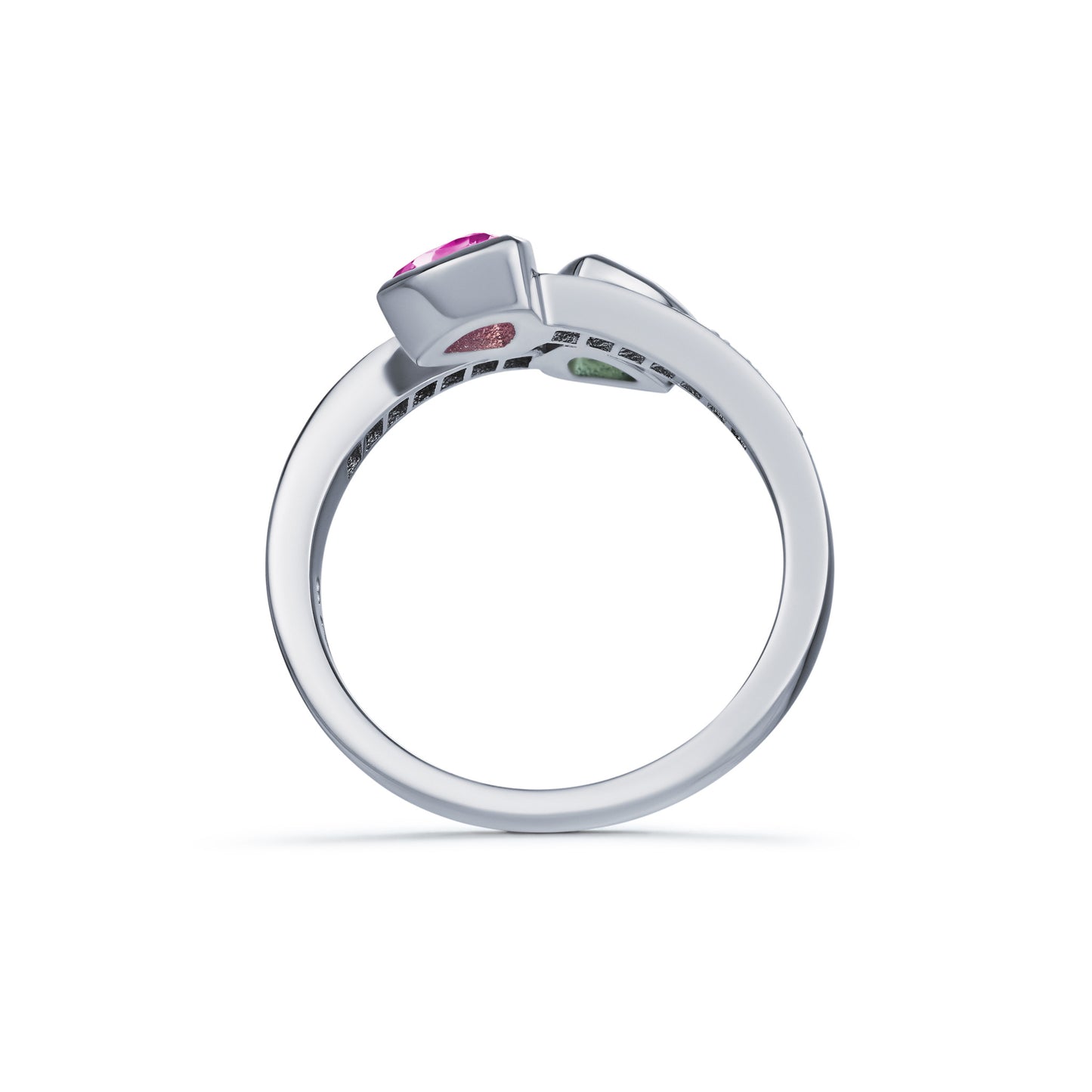 Pink and Green Tourmaline Crossover Ring with Diamond Shoulders