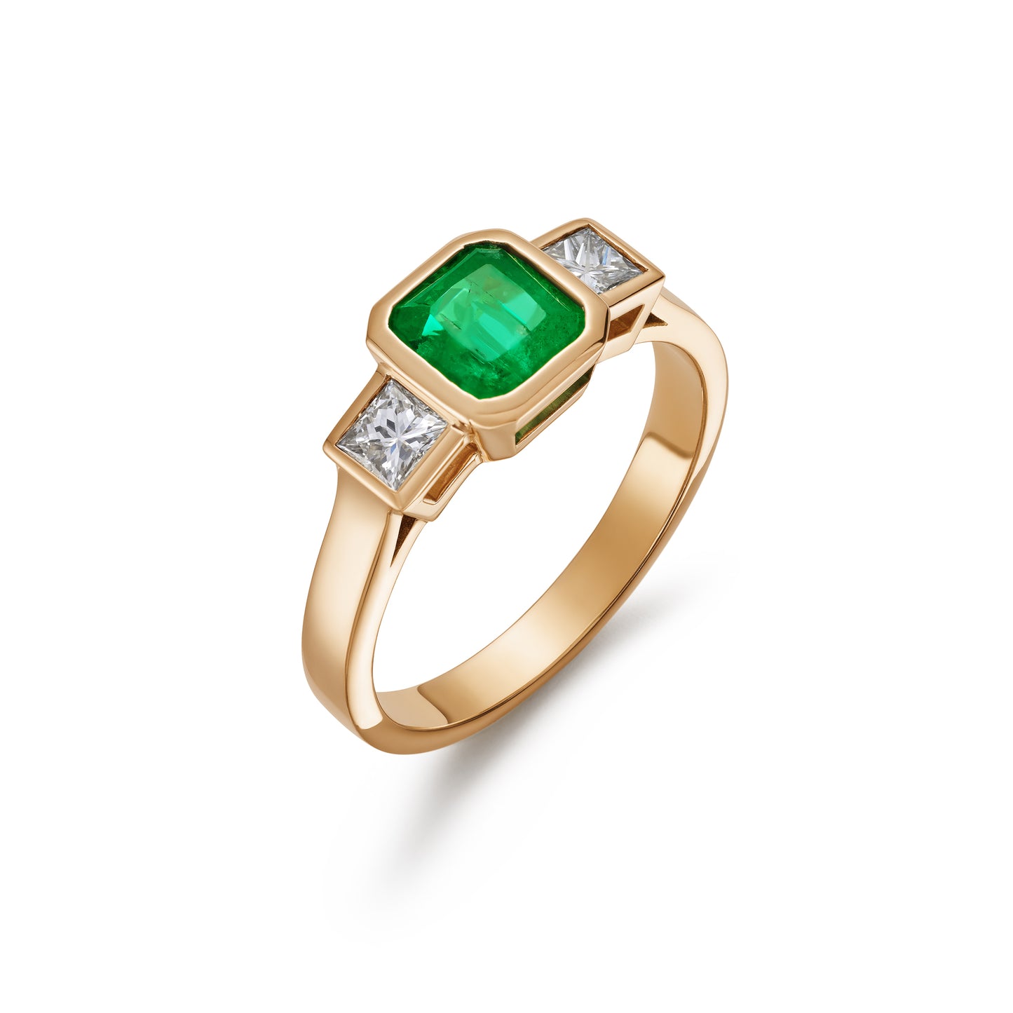 Emerald and Diamond Bezel Set Three Stone