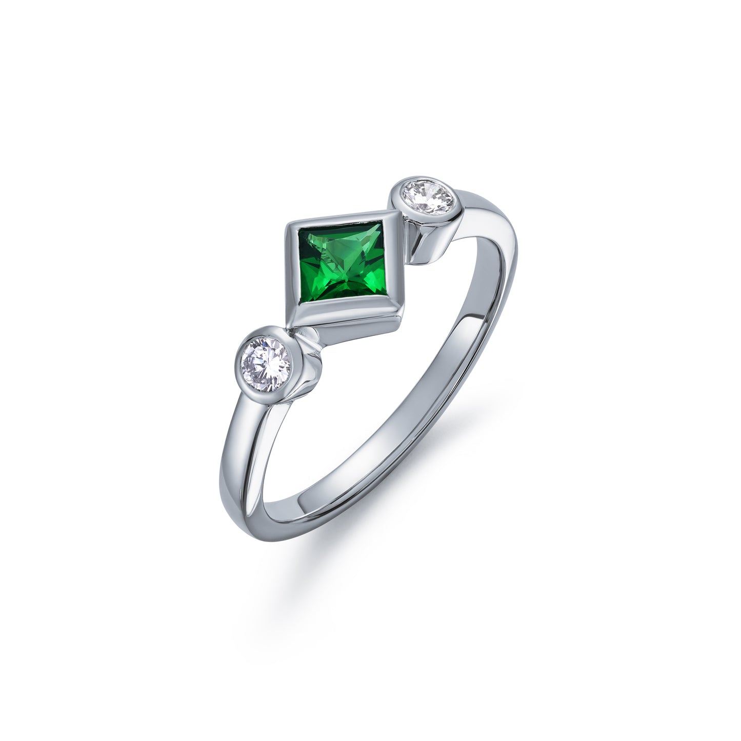 Tsavorite Garnet and Diamond Bezel Set Three Stone