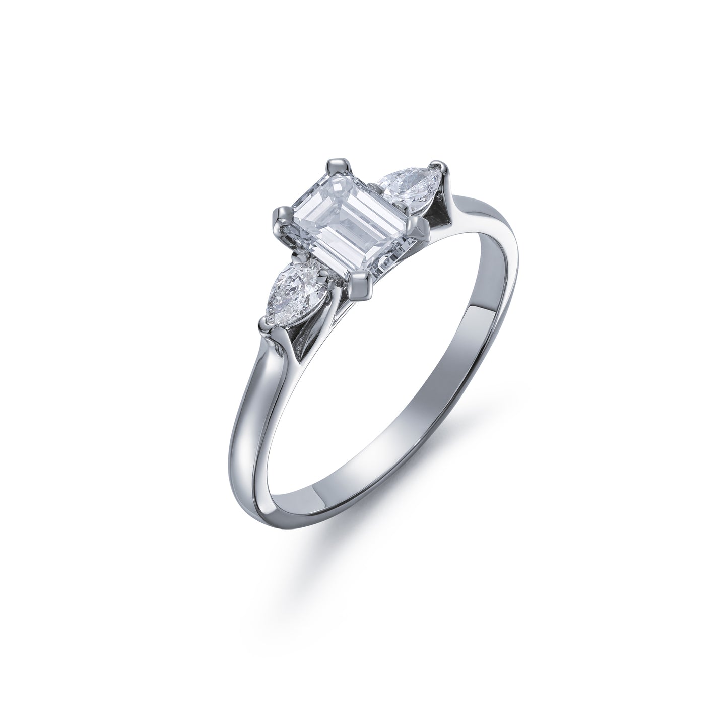 Diamond Emerald Cut and Pear Shape Three Stone Ring 0.86ct