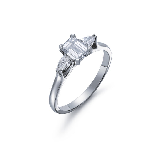 Diamond Emerald Cut and Pear Shape Three Stone Ring 0.86ct