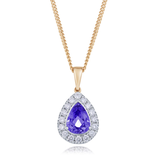 Tanzanite and Diamond Pear Shape Cluster Pendant and Chain