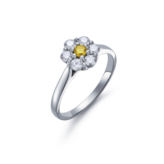 Yellow and White Diamond Claw Set Cluster Ring
