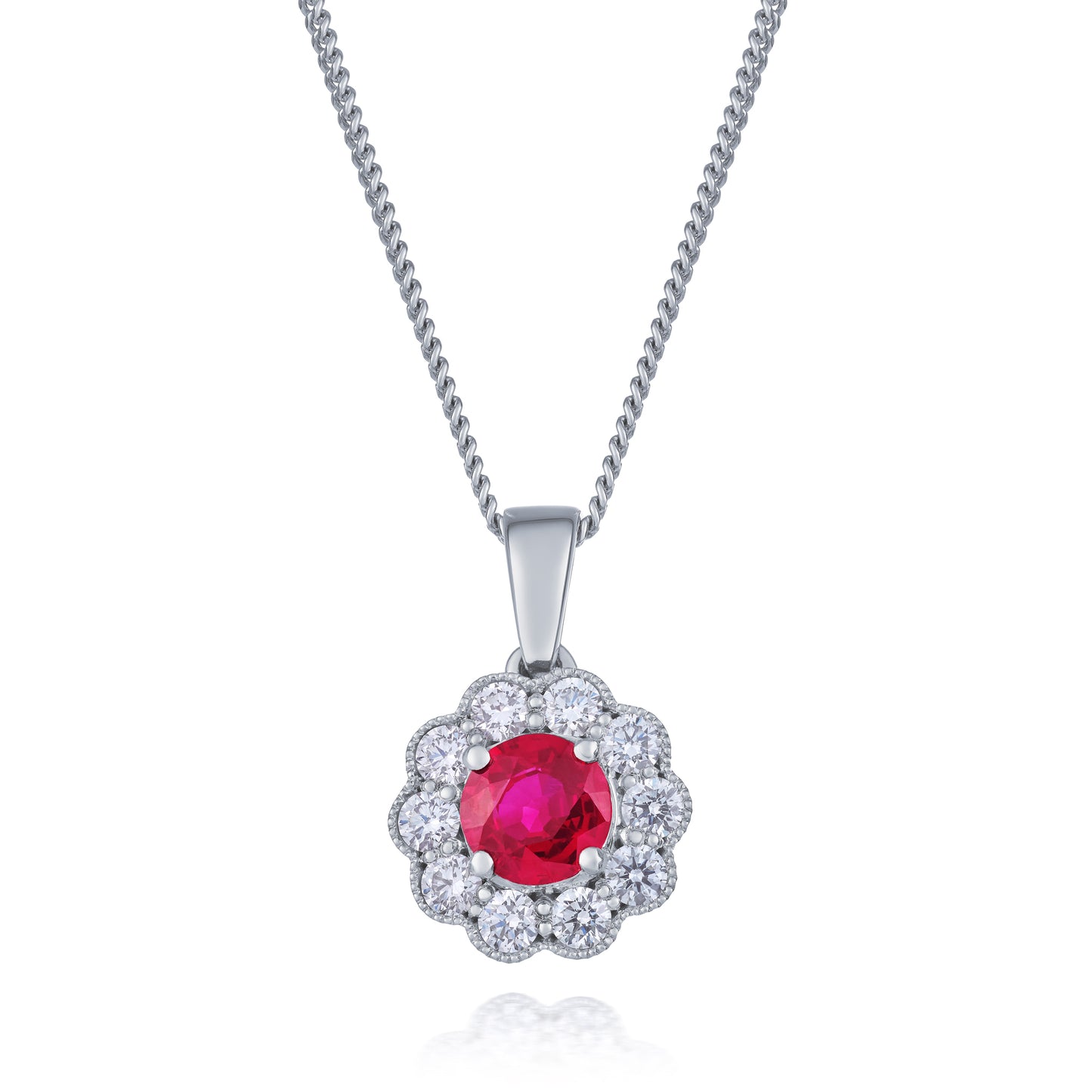Ruby and Diamond Cluster Pendant and Chain.