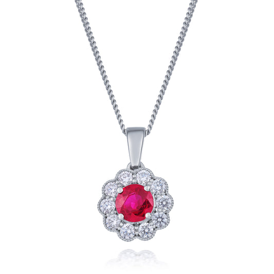 Ruby and Diamond Cluster Pendant and Chain.