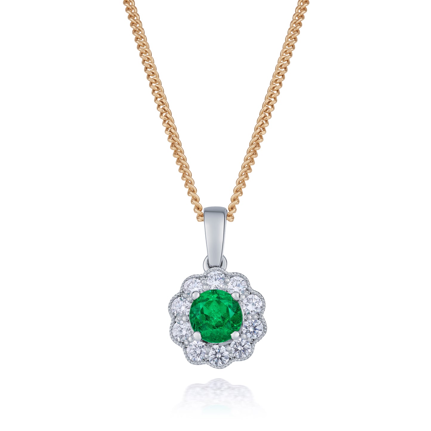 Platinum Emerald and Diamond Cluster Pendant and Chain