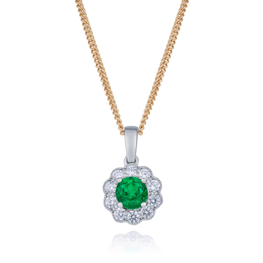 Platinum Emerald and Diamond Cluster Pendant and Chain