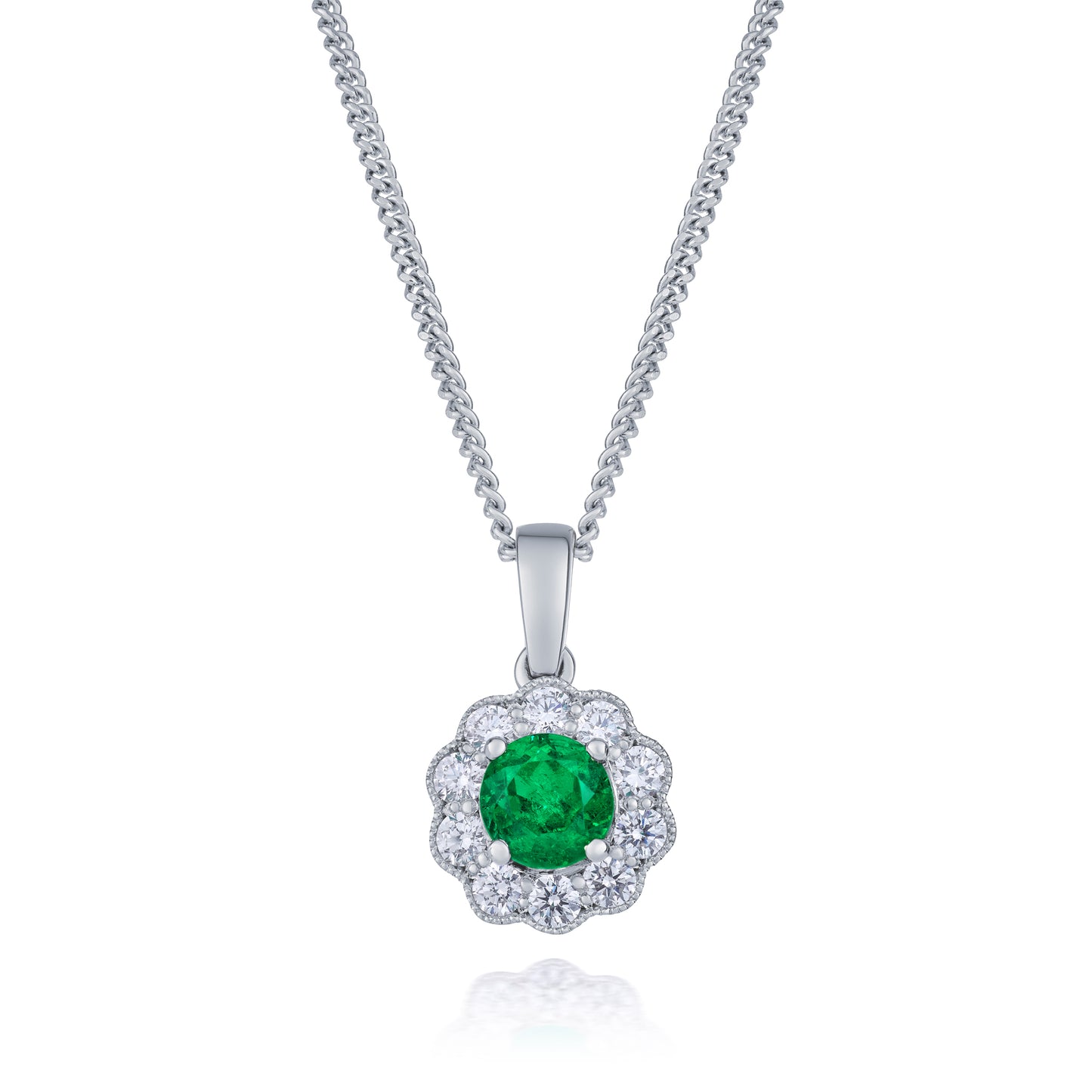 Platinum Emerald and Diamond Cluster Pendant and Chain