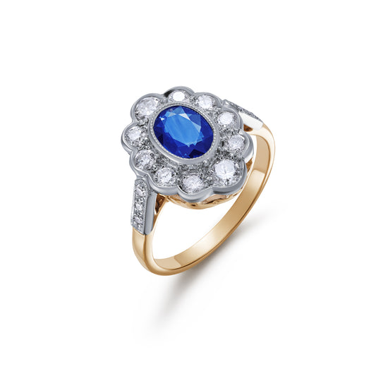 Secondhand- 18ct Yellow and White Gold Sapphire and Diamond Cluster ring