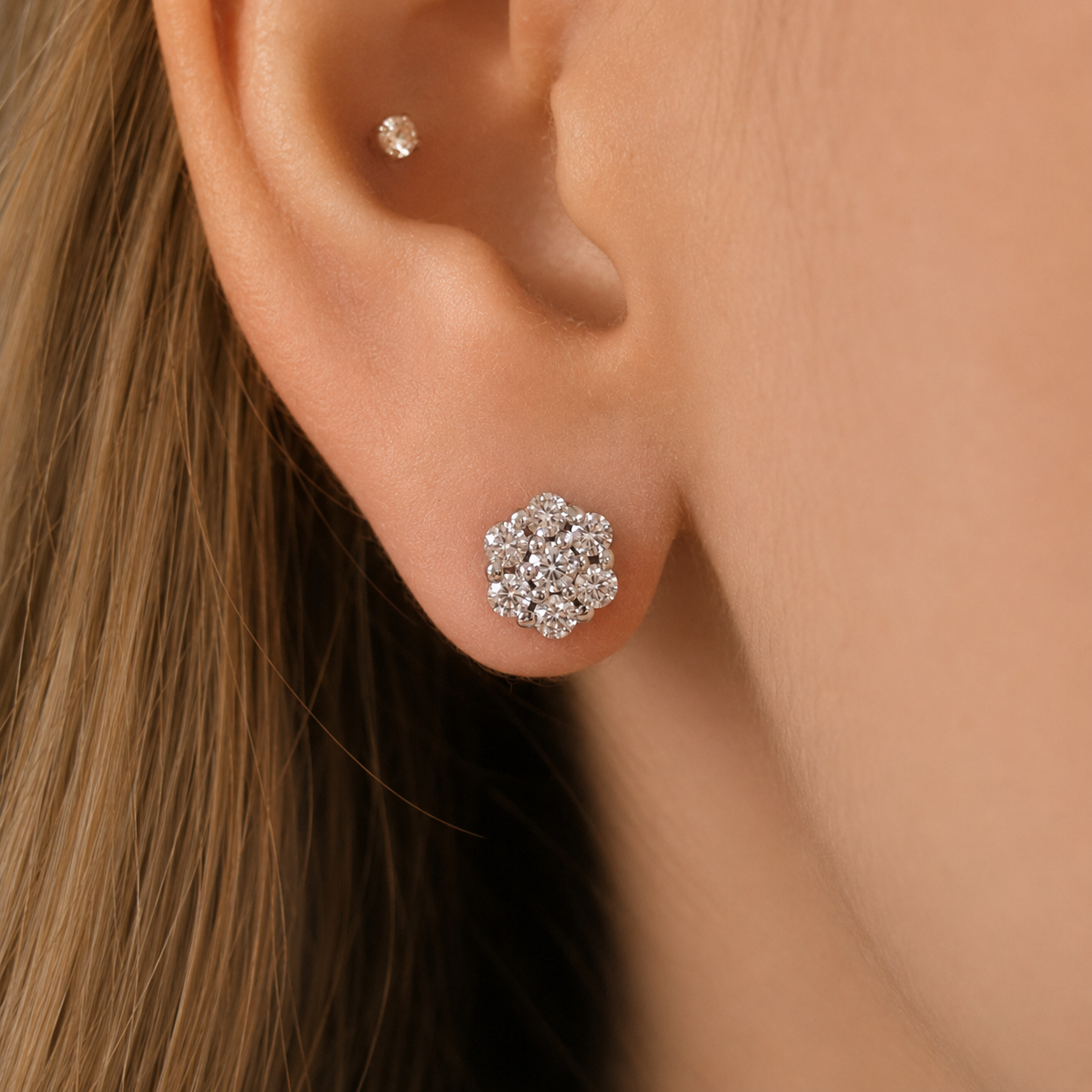 Diamond Floral Design Cluster Stud Earrings