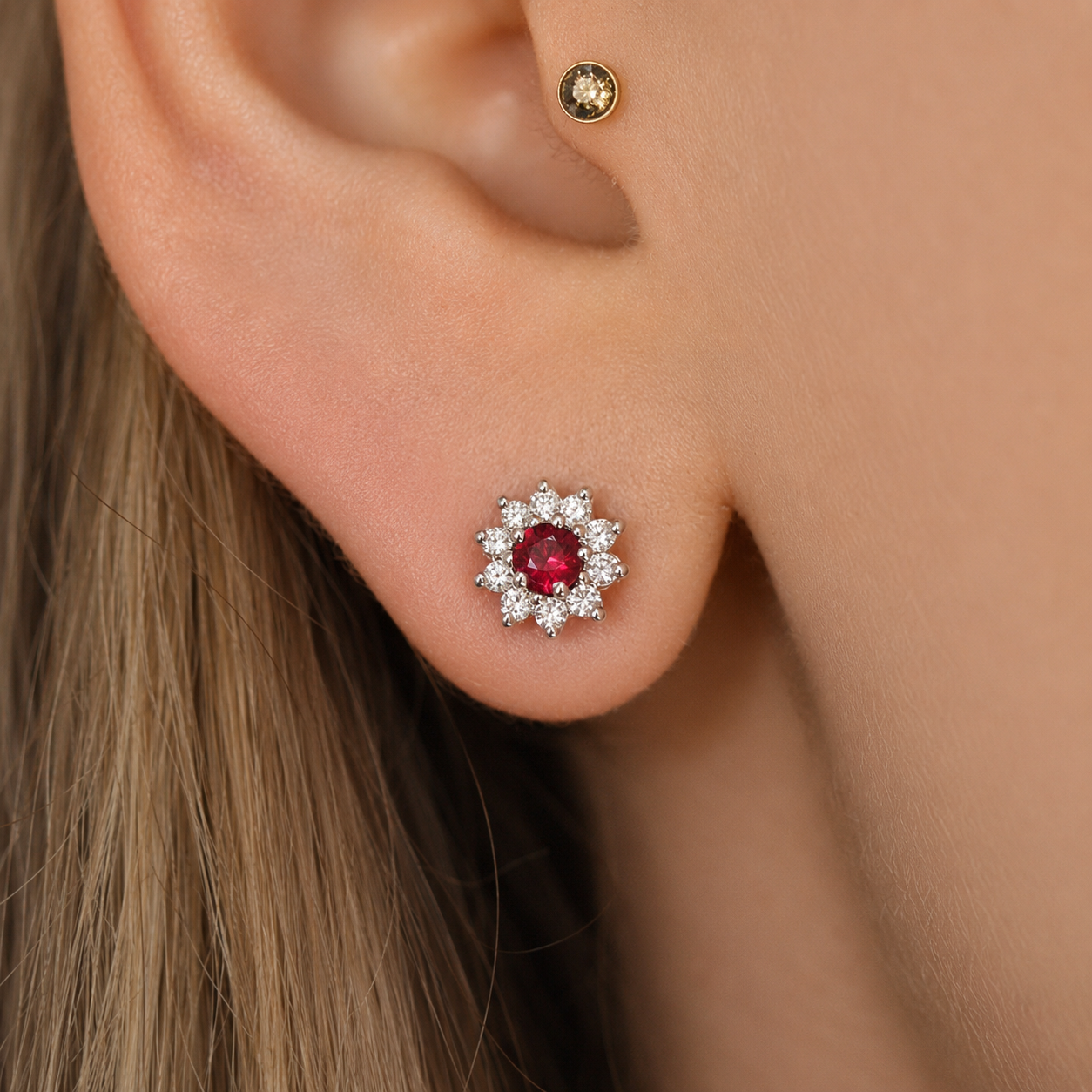 Ruby and Diamond Cluster Stud Earrings