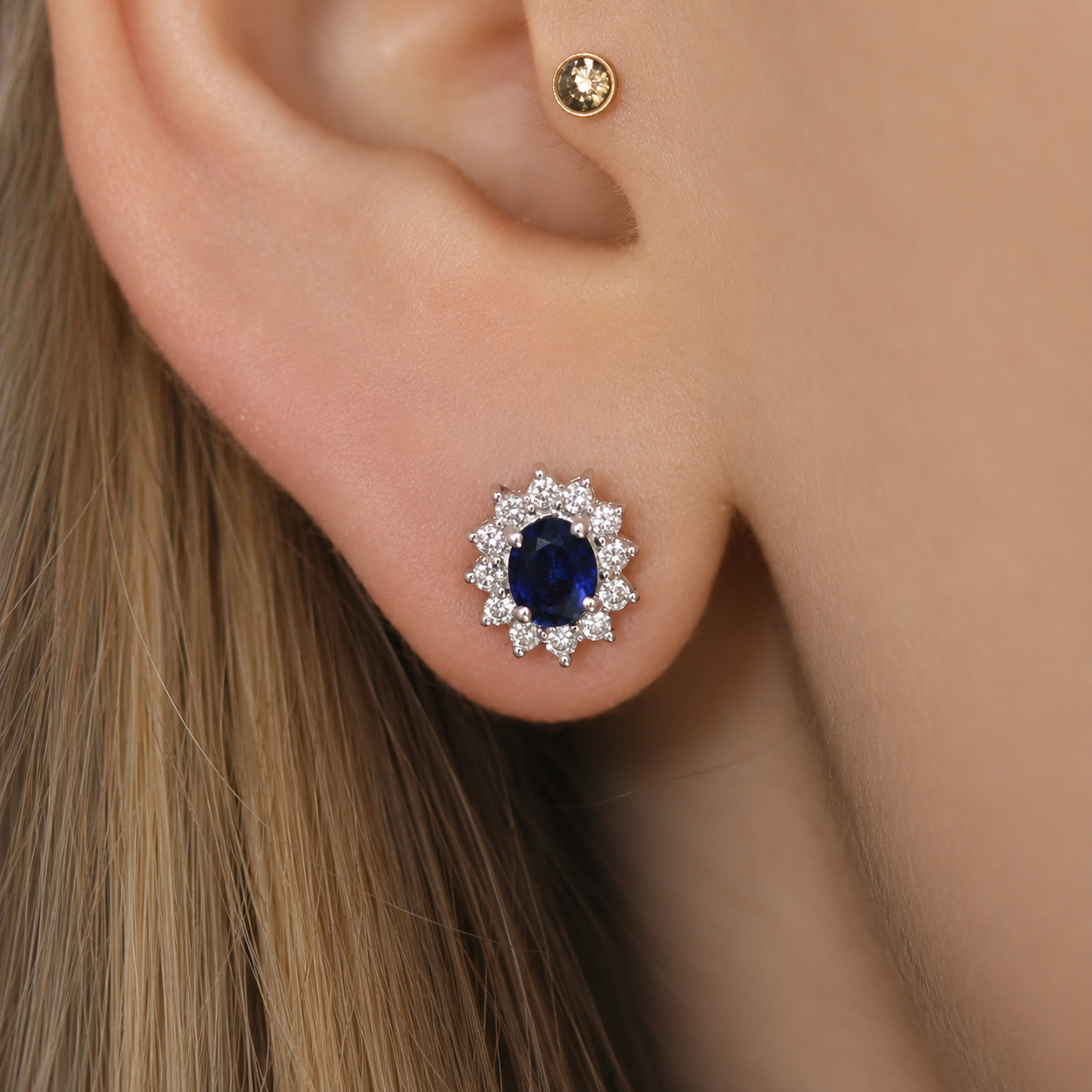 Sapphire and Diamond Oval Cluster Stud Earrings